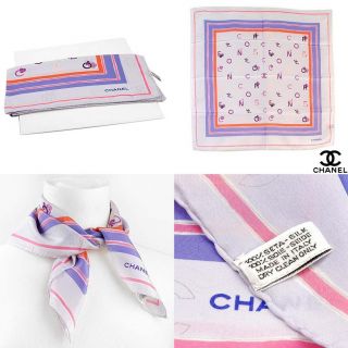 Authentic $238 Chanel Italy 100 Silk Purple Letters CC Logo Collage