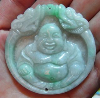  NATURAL GREEN JADE TWO DRAGON SMILING BUDDHA HAND CARVED PENDANT