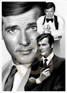 James Bond ROGER MOORE 007 Art giclee print b w LE signed by artist A3