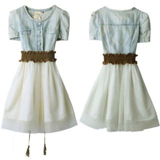 New s M L Vintage Jean Denim Party Dress Retro Blue Top White Skirt