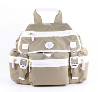 Tory Burch Robinson Backpack Tan Nylon White Leather Handbag Tote New