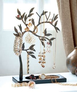   Gold Jewelry Tree Stand with Tray Earring Bracelet Necklace Holder