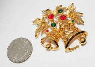  Rhinestone Christmas Bells Pin Brooch Costume Jewelry Holiday