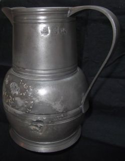 JOHN SOMERS PEWTER PITCHER 7 cartouche marked JS X MG 40OZ TIN LINED
