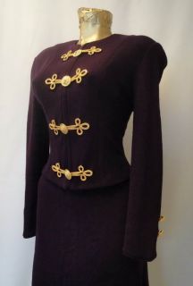 Vintage 80s PURPLE Soft wool Knit Military Dress Skirt Suit mini S M  