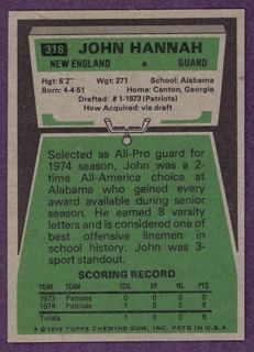 1975 Topps 318 John Hannah Patriots NM MT 250719  