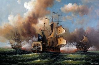 Pirate Ship 1800s Sea Battle Cannon Ocean Stretched 24X36 Oil Painting Art  