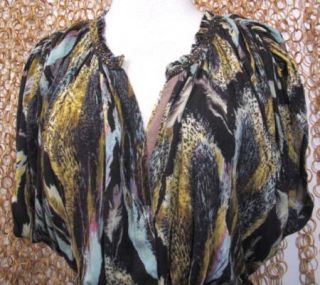 One September Anthropologie Brown Feather Print Sequin Trim Blouse Shirt Sz P XS  