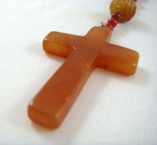 Vintage Jade Carved Bead Red Rosary Cross Crucifix Necklace  