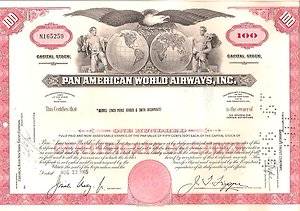 PAN AM WORLD AIRWAYS 100 SH STK CERT DATED 1965 RED JUAN TRIPPE SIGNATURE  