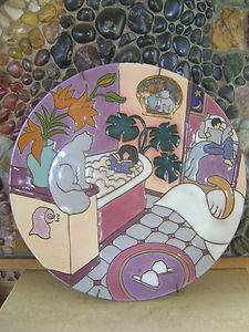 Judy Miller Signed Plate Enamel Ceramic The Bath Cat Bed CA Santa Cruz Artist  