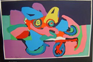 Karel Appel Signed Dated AP Lithograph Head on A One Wheel Wagon 1971