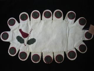 Primitive Style Cardinal & Holly Table Runner Candle Mat Doily w Penny