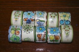 Set of 10 Gorgeous Mexican Glazed Pottery Hand Painted & Signed Napkin