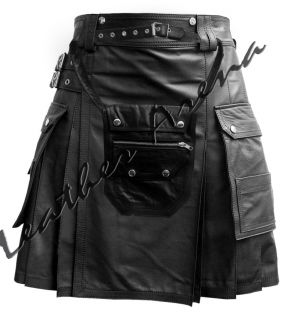 Genuine Double Box Pleated Leather Kilt for Men with Leather Sporran