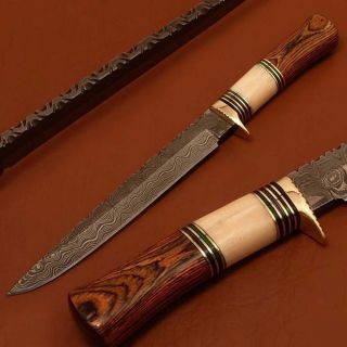 Stephen king Hand Made Damascus Hunting Knife With Bone Burl Wood Bk