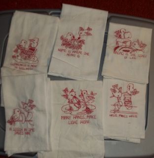 Embroidered Kitchen Towels Set of 6 Dow Vintage Redwork Birds