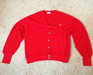 Vintage 80s IZOD Lacoste Mens Cardigan V Neck Red Sweater Croc Mother