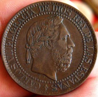 396 INDALO Spain Charles VII RARE 10 Centimos 1875 Excellent Coin