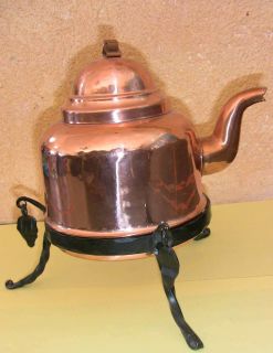 Copper Teapot with Wood Handle and Metal Stand