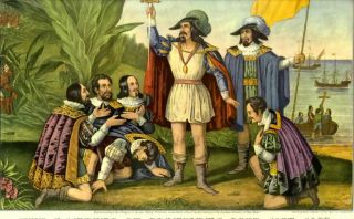 Christopher Columbus Lands Sailing SHIP 1492 Old Print
