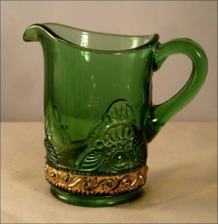 Antique 1905 Green EAPG Lacy Medallion Creamer Pitcher by U s Glass