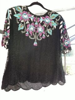 Gorgeous Laurence Kazar Black Multi Colored Beaded Top