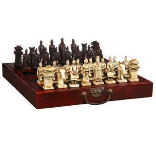 RARE Chinese Dragon Wood Leather Box with 32 Chess Set
