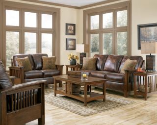 MISSION RUSTIC BROWN FAUX LEATHER SOFA COUCH LIVING ROOM SET FURNITURE