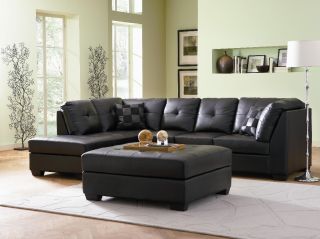  TUFTED BLACK LEATHER SOFA CHAISE SECTIONAL LIVING ROOM FURNITURE