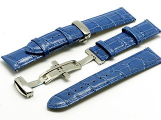 24mm Blue Leather Watch Band Deployment Clasp 24 Mm