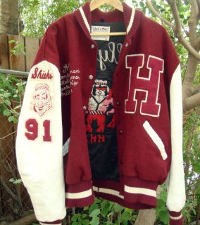 CA) HIGH SCHOOL SHEIKS LETTER JACKET IN BURGUNDY RED w/ WHITE SLEEVES
