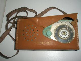 Vintage G E Transistor Radio in Leather Case Light Blue Green Bakelite