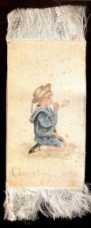 Folk Art painted silk bookmark Christmas 1887 Little Boy Blue Blowing