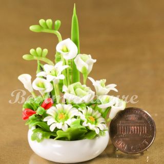 Dollhouse Miniature Rose lily white Flower Arrangement Bouquet Pot 1