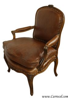 Walnut Living Room Accent French Country Leather Arm Chair