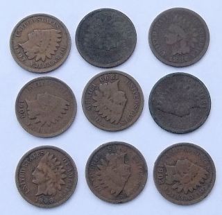 Nine Indian Head Pennies Lot Dates Visible Penny
