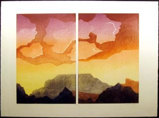 Katherine Hagstrum, Lofting Hand Signed Art Etching mountain sunset