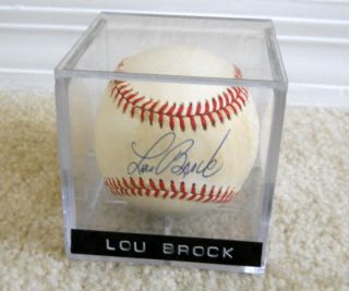 Lou Brock Signed Official NL Ball with Display Cube