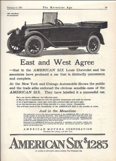 1917 American Six Car Ad Louis Chevrolet Designed
