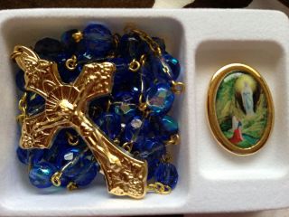Our Lady of Lourdes Crystal Rosary Photo Center and Matching Pin