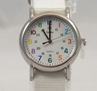 T2N837 Timex Weekender Slip Though Mid Size Womens INDIGLO White Nylon