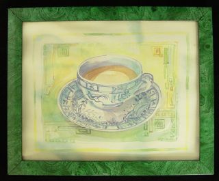 Lucy Davies Water Color Lithograph Blue China Cup Framed No LV 6236 11