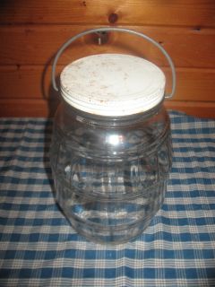 Barrel GALLON glass Vintage pickle Refrigerator Jar with tin lid Bail