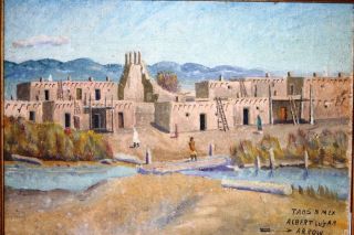 Albert Lujan Original Oil Painting on Board Taos Pueblo Scene