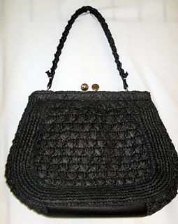 Luana Black Satchel Handbag Purse Woven Straw Tote