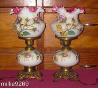 Matched Pair of Rare Fenton Lamps for L G Wright Moss Rose 17 Tall 556