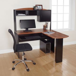 Shaped Computer Office Desk Furniture with Hutch Black Cherry Finish