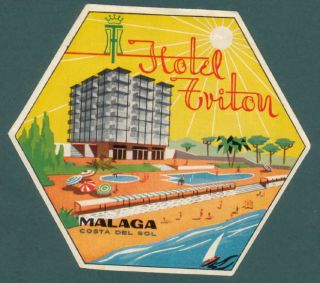 Malaga Costa Del Sol Spain Vintage Art Deco Hotel Label
