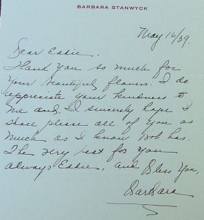 Stanwyck Signed Handwritten Letter to Eddie Mannix 1939 RARE
